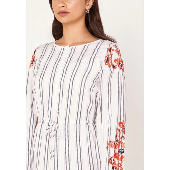 KAREN MILLEN Embroidered Sleeve Striped Dress Women